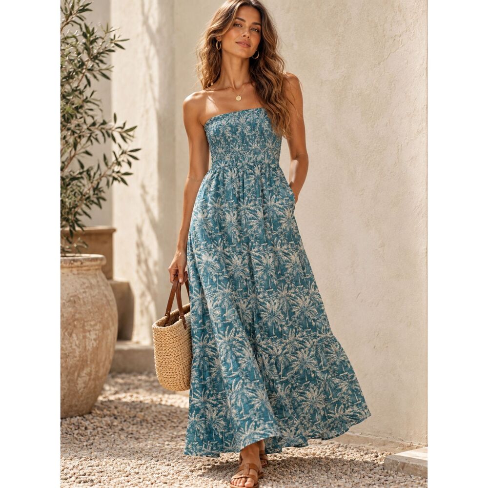 Faherty Sunrise Smocked Linen Maxi Dress XS Maui Tropics Blue Palm Tropical